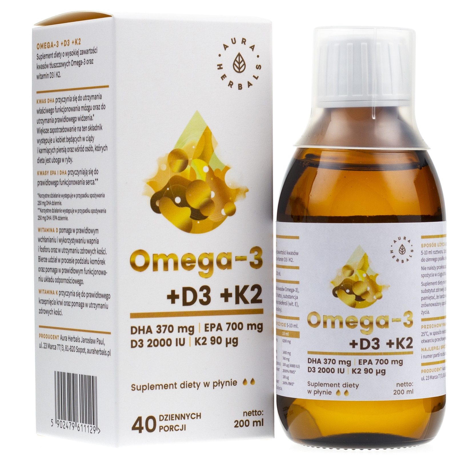 Aura Herbals Omega-3 (370 DHA) + D3 (2000IU) + K2MK7 liquido, 200 ml