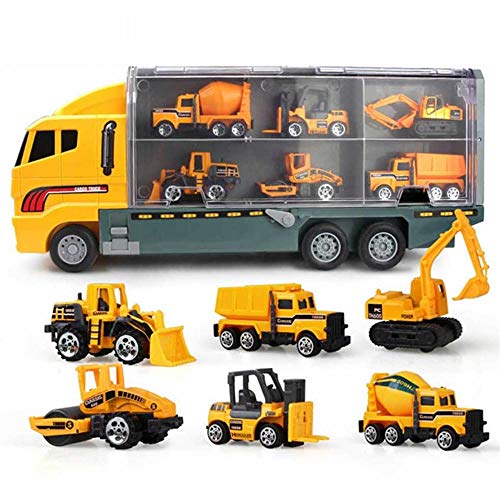 Bakaji Camion Bisarca Con 6 Veicoli Da Lavoro Giocattolo Bambini Con Muletto Gru Bulldozer Camion Porta Macerie E Camion Cemento In Plastica E Metallo