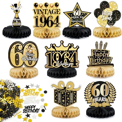 Betessin 9 Pezzi 60 Anni Compleanno Centrotavolo15G Coriandoli Happy Birthday Decorazione Compleanno Centrotavola A Nido D'Ape Oro Nero Happy Birthday