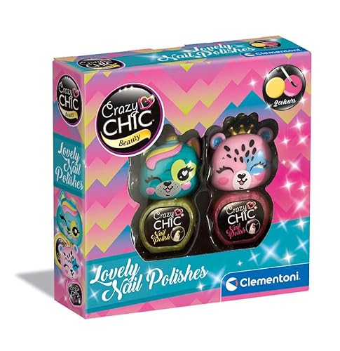 Clementoni- Crazy Chic-Lovely Nail Polishes: Unicorno E Leopardo-Kit 2 Colorati, Smalti Bambine 6 Anni, Decoro Unghie, Non Tossico, A Base D'Acqua, Re