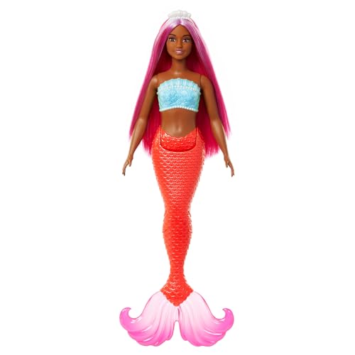 Barbie - Sirena, Bambola Capelli E Cerchietto Fantasia Magenta, Silhouette Curvy Con Corpetto Ispirato Alle Conchiglie E Coda Rossa Tropicale, Giocatt