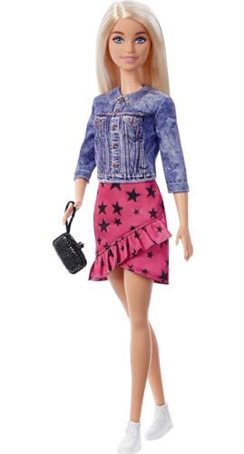 Barbie - Grande Città, Grandi Sogni, Bambola Malibu Bionda Alta 29,21 Stile Casual Con Giacca Di Jeans, Gonna Rosa Con Stelline E Borsetta Nera, Gioca