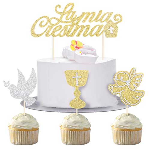 25Pz Topper La Mia Cresima Cake Topper Oro Glitter Angelo Piccione Calice Addobbi Cresima Per Bambini Decorazione Festa Battesimo Torta Cupcake Partit