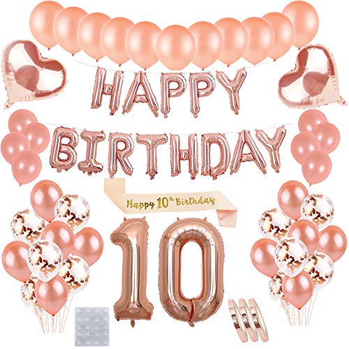 Compleanno Kit Decorazioni Oro Rosa Per 10 Anni Bambina Ragazze: Palloncino Buon Compleanno Ghirlanda E Fascia,Giganti Elio Gonfiabili Numeri Numero P