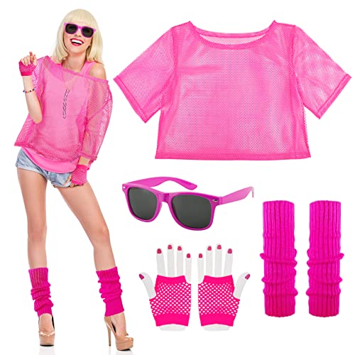 Bofunx Accessori Anni 80 Donna Set Di Costumi Anni 80 Kit Per Travestimento Anni 80 Maglietta A Rete Occhiali Retrò Scaldamuscoli Neon Guanti Per Carn