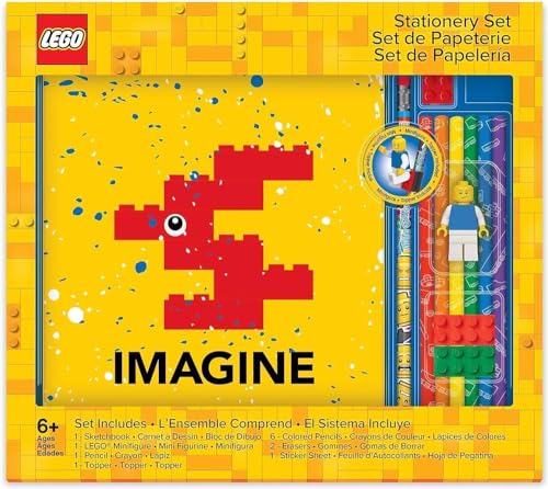 Lego Cancelleria,Set Lego Per Disegnare Con Quaderno "Imagine", Minifigure Lego Classica, Matite Colorate, Stickers E 2X4 Gomme Da Cancellare A Forma