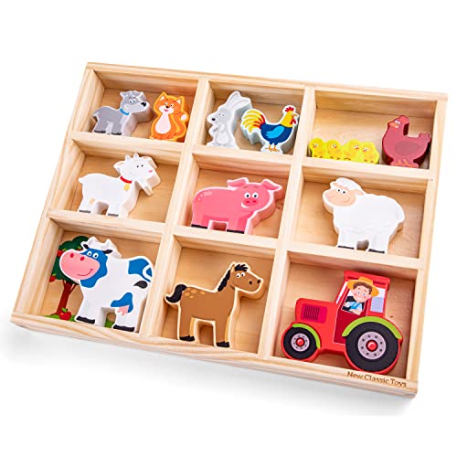New Classic Toys Animali Da Fattoria In Legno In Scatola, Multicolore, 11850
