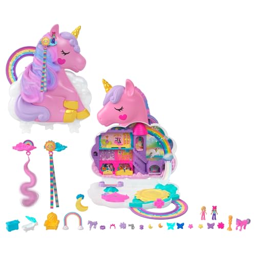 Polly Pocket - Salone Di Bellezza Unicorno Arcobaleno, Playset Cofanetto Con Unicorno Con Testa Pettinabile E 2 Micro Bambole, Oltre 25 Accessori, Gio
