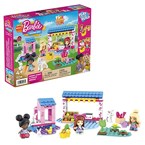 Mega - Barbie Mercato Di Campagna, 90 Blocchi Da Costruzione Tra Cui 3 Micro Bambole Barbie E 4 Animaletti, Giocattolo Per Bambini 4+ Anni, Hdj85