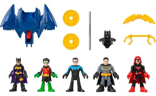 Imaginext Dc Super Friends - Multipack Batman, Set Da 5 Personaggi Snodati E 7 Accessori, Include Batglider Che Lancia I Proiettili, Avventure Di Goth