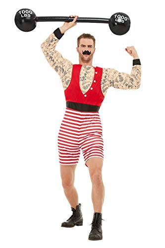 Deluxe Strongman Costume, Red & White, With Short Jumpsuit & Moustache, (Xl)