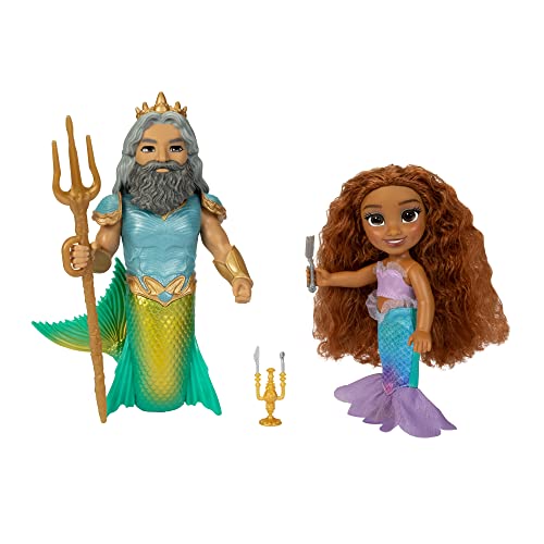 Disney The Little Mermaid Set Di Bambole Petite 15 Cm Di Ariel E Re Tritone, Con Arricciaspiccia, Candelabro E Tritone Inclusi. Direttamente Dal Nuovo