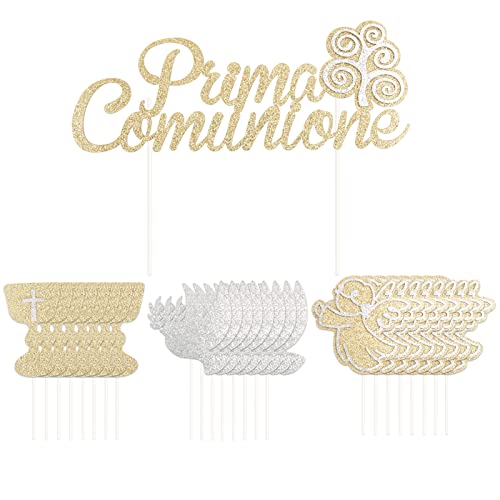 25Pz Topper Prima Comunione Cake Topper Oro Glitter Albero Della Vita Angelo Piccione Santo Graal Addobbi Comunione Per Bambini Decorazione Festa Tort