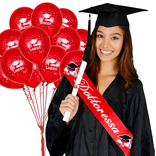 Googit Decorazioni Per Festa Di Laurea Fascia Dottore O Dottoressa Con Set 12 Palloncini Rossi Brillanti (Fascia + Palloncini - Dottoressa)