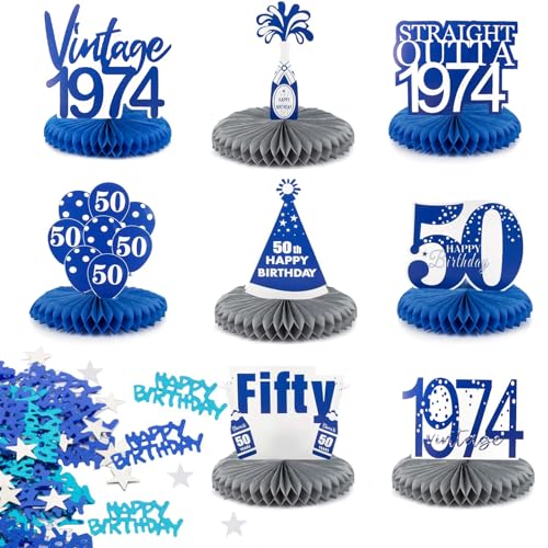 Betessin 8 Pezzi Centrotavola Compleanno 50 Anni 15G Coriandoli Happy Birthday Decorazione A Nido D'Ape Azzurro, Addobbi Per Tavolo