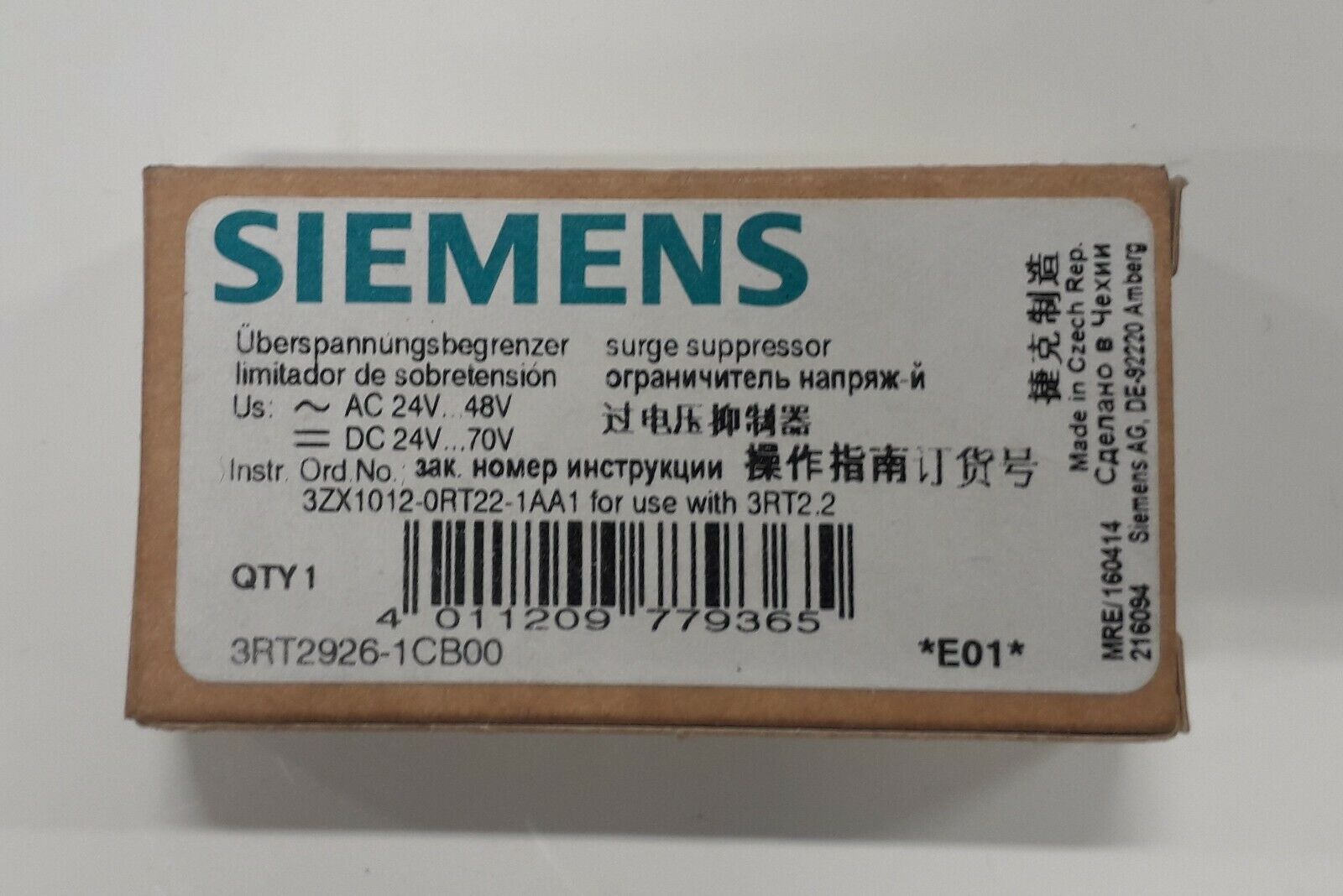 SIEMENS 3RT2926-1CB00 SURGE SUPPRESSOR NUOVO