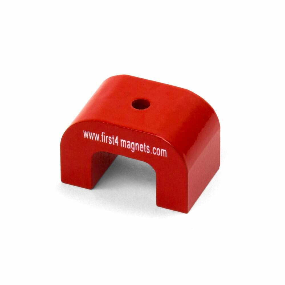 30 x 20 x 20mm Red Alnico Horseshoe Magnet, 4.5mm hole - 4.5kg Pull