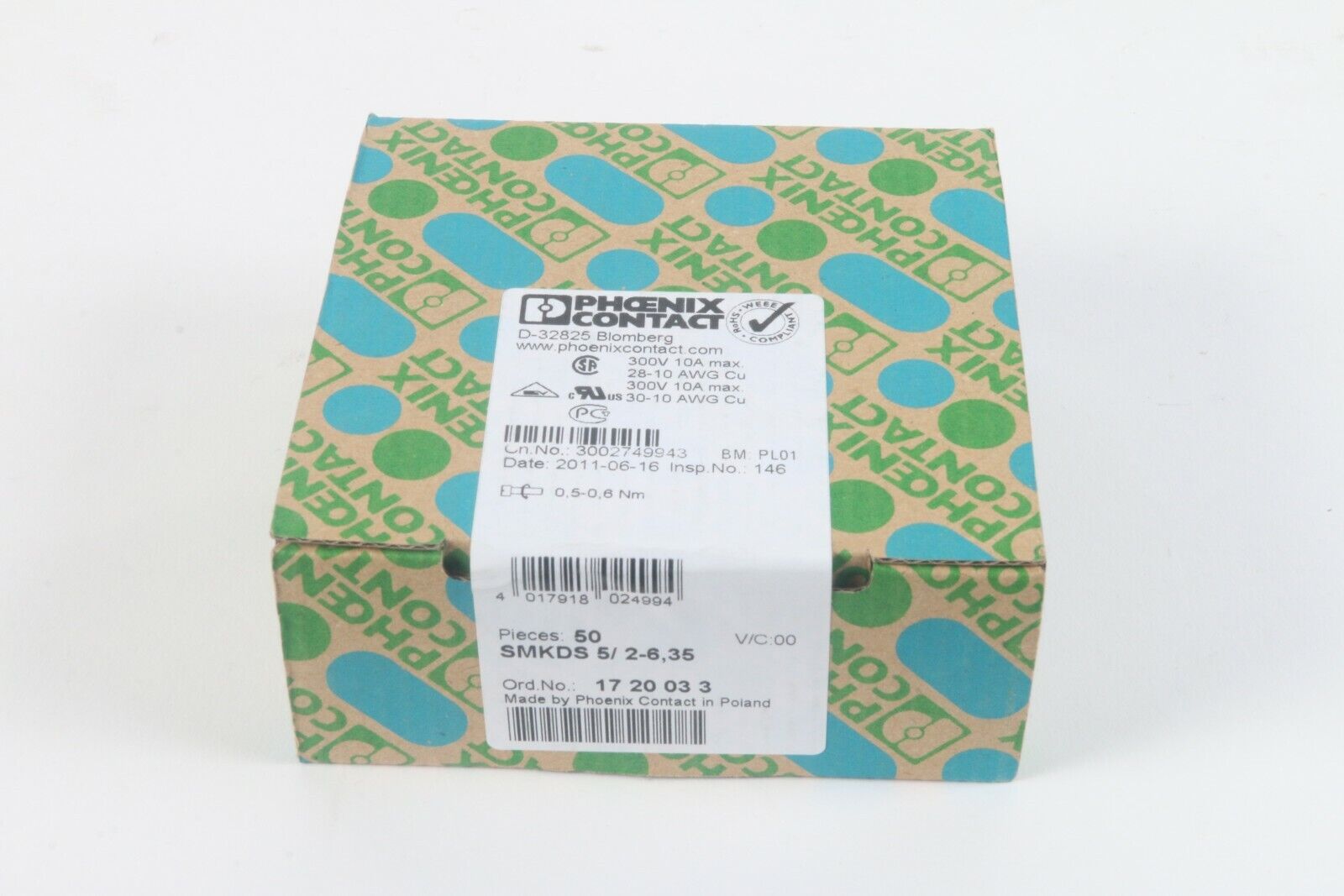 Phoenix Contact D-32825 Blomberg Terminale Blocco 50 Pezzi / 4017918024994