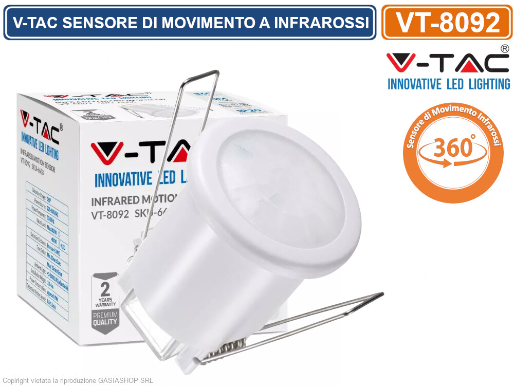 V-TAC VT-8092 SENSORE DI MOVIMENTO AD INFRAROSSI DA INCASSO LAMPADINE LED BIANCO