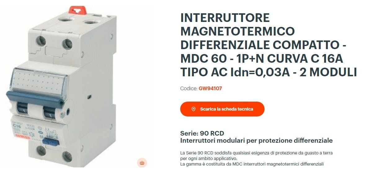 Gewiss GW94107 - magnetotermico differenziale AC 1P+N 16A 30mA  6kA