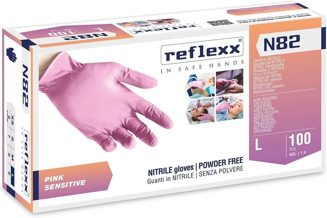 Reflexx N82, guanti in nitrile rosa, 100 pz., senza polvere, gr. 3,2