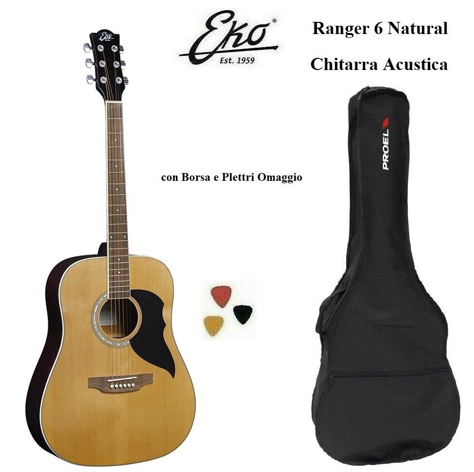 Eko RANGER 6 NATURAL CHITARRA ACUSTICA FOLK CON BORSA + 3 PLETTRI NUOVA