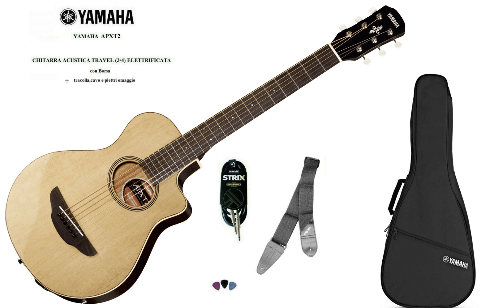 YAMAHA APXT2 NATURAL CHITARRA ACUSTICA 3/4 TRAVEL APX T2 H.85cm Borsa e Tracolla