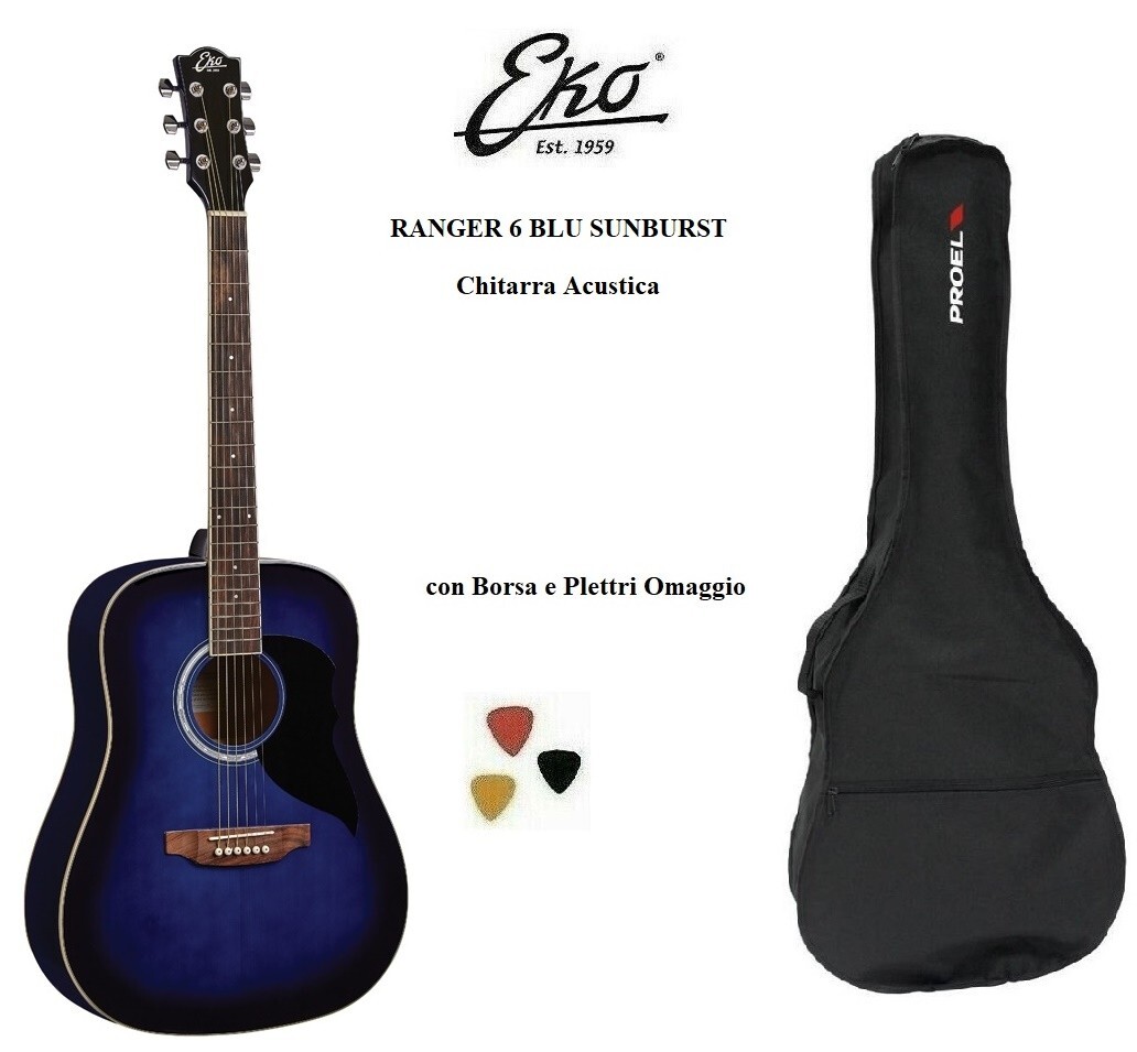 EKO RANGER 6 CHITARRA ACUSTICA BLU SUNBURST VON BORSA e 3 PLETTRI NUOVA