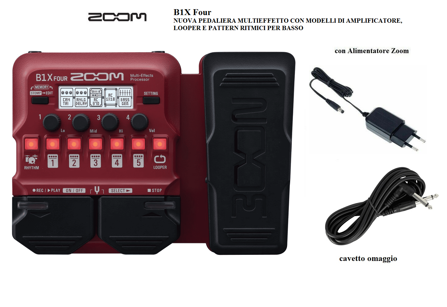 ZOOM B1X FOUR PEDALE MULTI EFFETTI PER BASSO LOOPER PATTERN con ALIMENTATORE