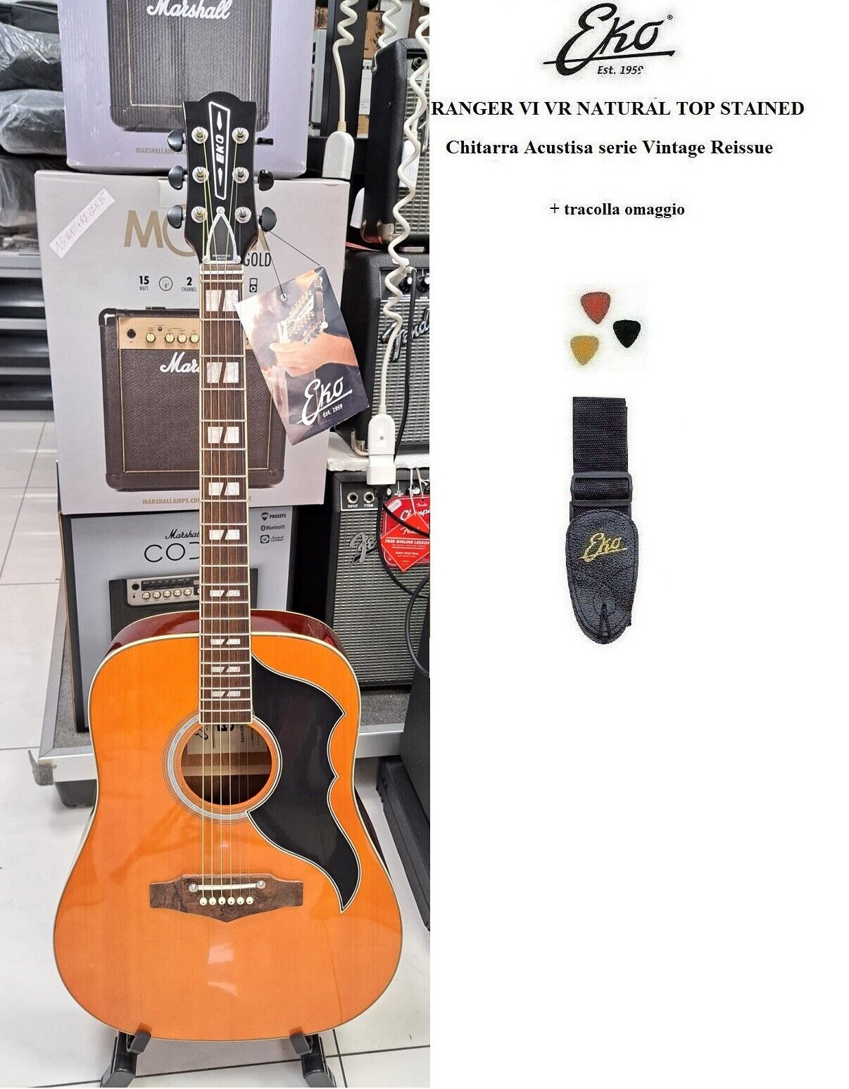 EKO Ranger VI VR NATURAL TOP STAINED CHITARRA ACUSTICA VINTAGE TRACOLLA OMAGGIO