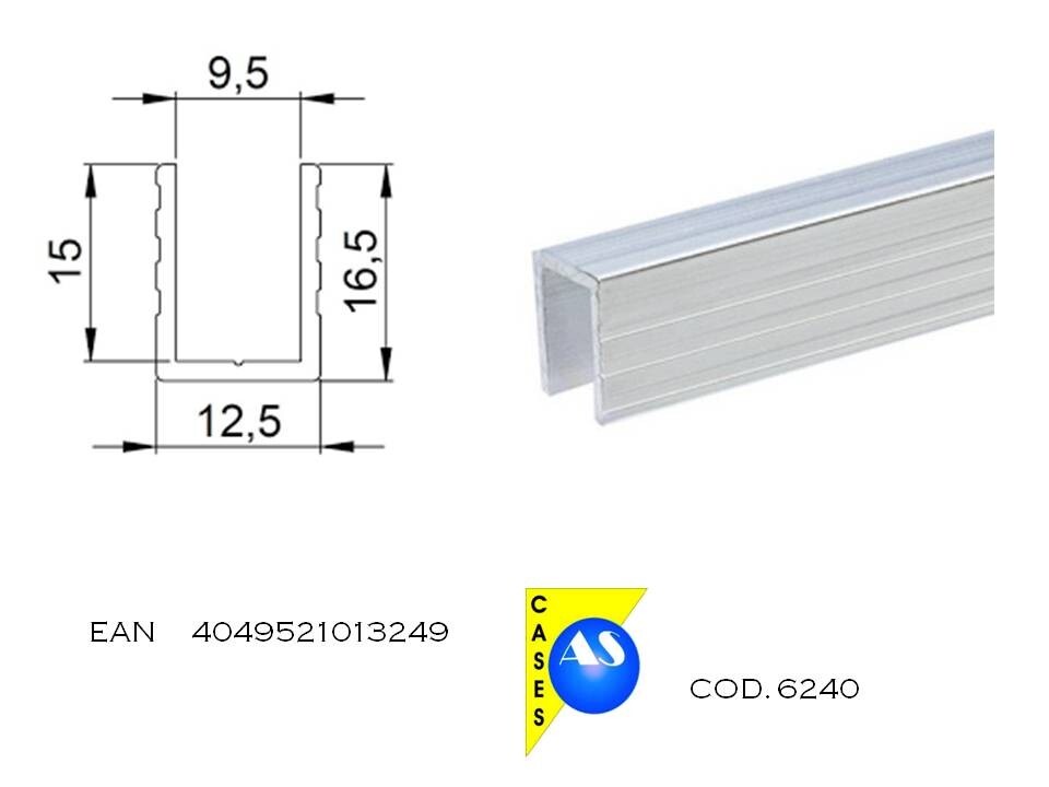 6240 Profilo "U" in alluminio Copribordo 9,5 mm profondita' H16,5 mm per fly
