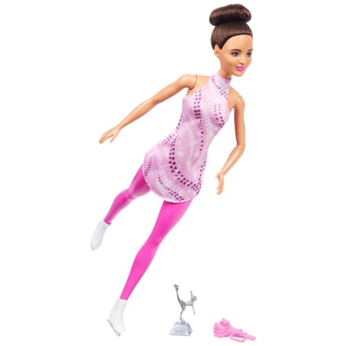 Barbie Carriere - Pattinatrice, Bambola Castana Con Outfit Rosa Da Pattinaggio, Pattini Da Ghiaccio Rimovibili, Trofeo E Accessori Inclusi, Giocattolo