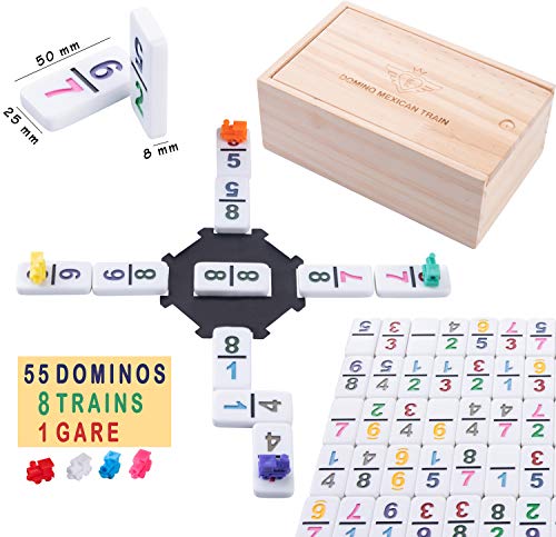 Engelhart - Set Treno Domino Messicano Versione Numeri/Versione Classica- Qualità Premium - Doppia 9-2-4 Giocatori - 55 Domino Spessore 8 Mm - 8 Treni