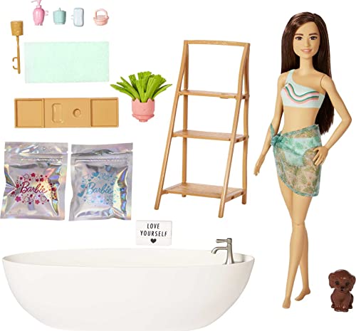 Barbie - Barbie Vasca Da Bagno Relax Playset Con Bambola E Cagnolino, Giocattoli Per Bambini, Castana, Coriandoli Di Sapone Colorati E Accessori, Gioc