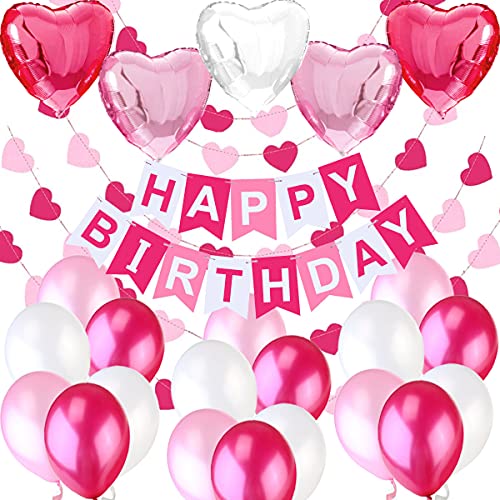 Decorazione Compleanno Bimba. Bandierine Di Buon Compleanno “Happy Birthday” + 5 Palloncini A Cuore + 2 Festoni A Cuoricini Di 3 M + 18 Palloncini Ros