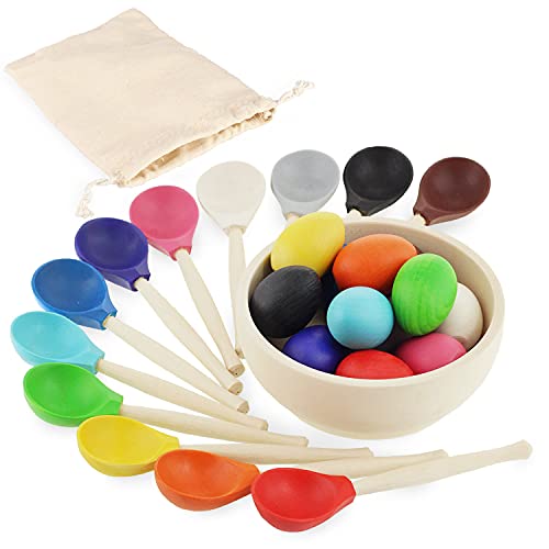 Ulanik Uova E Cucchiai Montessori Giocattolo Di Legno Sorter Gioco 12 Uova 45Mm Di Età 1+ Colore Di Smistamento E Il Conteggio In Età Prescolare Learn