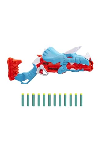 Nerf- Hasbro Dinosquad Tricera-Blast, Blaster Con Alloggiamento Per Caricamento Di 3, 12, Supporto Dardi E Design Dinosauro Triceratopo, Multicolore,