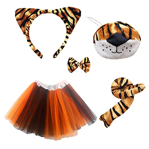 Mivaiun 5 Pezzi Costumi Da Tigre Set,Set Di Costumi Da Animale,Tigre Fascia Per La Testa Naso Coda Fiocco Gonna Tutù Set,Per Bambini Adulti Festa Di C