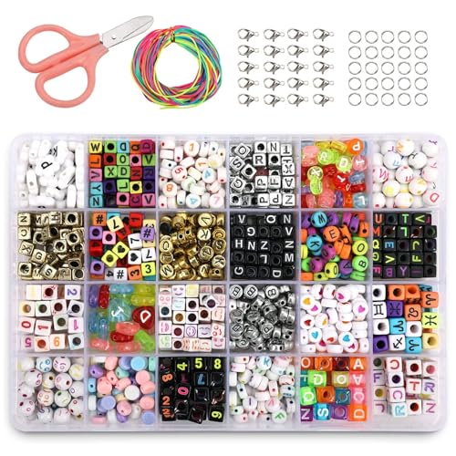 Phogary Set Di Perline Alfabeto (800 Pezzi), Braccialetti Fai-Da-Te Collana Con Perline A-Z In Forme Di Tondo, Cuore, Quadrato Per Fare Gioielli