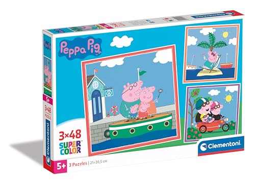 Clementoni- Peppa Pig Supercolor Pig-3X48 (Include 3 48 Pezzi) Bambini 5 Anni, Puzzle Cartoni Animati, Made In Italy, Multicolore, 25293