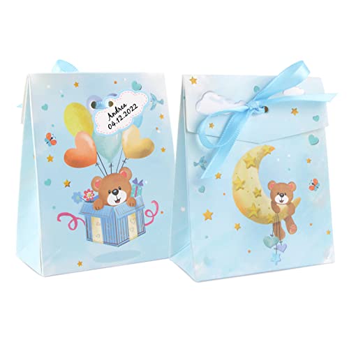 Betessin 50Pz Scatoline Bomboniere Battesimo Portaconfetti Nascita Con Bigliettini Nastro Scatole Carta Regalo Orsetto Blu Bambini Decorazione Confett