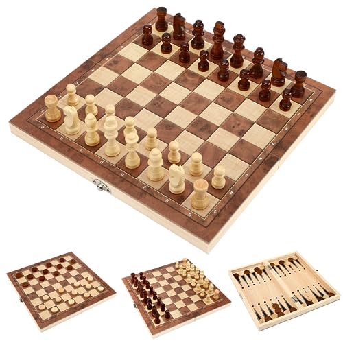 Scacchiera In Legno,3 In 1 Scacchi Dama Backgammon, Pieghevole Scacchiere Per Bambini E Adulti, Portatili Scacchi Per Viaggio Famiglia Festa - 29X29X2