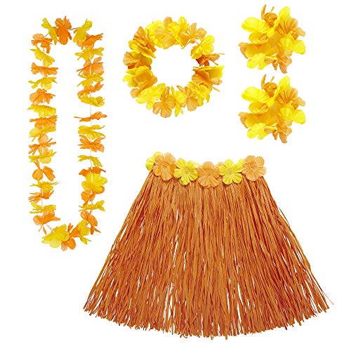 "Orange Hawaiian Set" (Hula Skirtwith Flower Belt, Flower Lei, Crown, 2 Bracelets) -