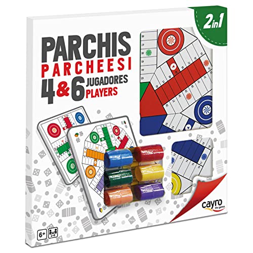 Cayro - Parchis E Oca - + 6 Anni - Tavola Legno - Doppio Gioco Classico Da Tavolo - Bambini E Adulti - 6 Cubiletti, 24 Chip E 6 Dadi - 2 A 6 Giocatori