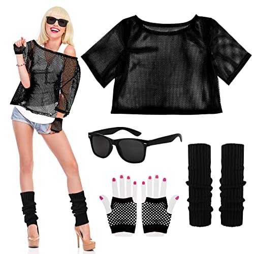 Bofunx Accessori Anni 80 Donna Set Di Costumi Anni 80 Kit Per Travestimento Anni 80 Maglietta A Rete Occhiali Retrò Scaldamuscoli Neon Guanti Per Carn