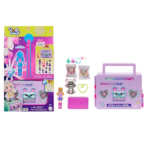 Polly Pocket - Disco Dance Fashion Reveal, Playset Da Viaggio A Forma Di Stereo Portatile, Include Bambola Con Felpa, Gioco D'Acqua A Sorpresa E 16+ A