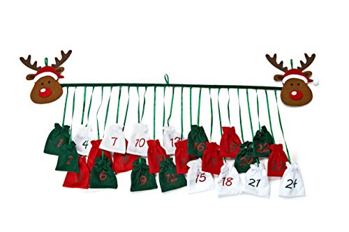 Heitmann Deco Adventskalender - Adventskalender-Stab Zum Aufhängen - Selbst Befüllen - Beutel - Rentier - Grün/Weiß/Rot