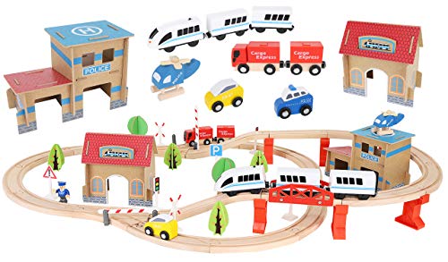 Kruzzel Treno Giocattolo Di Legno Ferrovia Di Legno Pista Di Auto Per Bambini Bucket Top Mountain Con Contenitore 9362