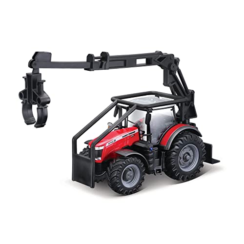 Bburago B18-31671 Massey Fergusson 8740S Trattore Con Caricatore Frontale E 3 Tronchi, Colori Assortiti
