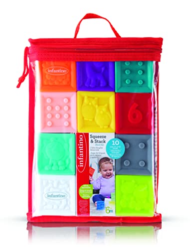 Infantino Set Di Blocchi Comprimibili E Impilabili - 10 Morbidi Cubi Colorati Con Numeri, Animali E Forme, Per Esplorazione Sensoriale E Sviluppo Prim